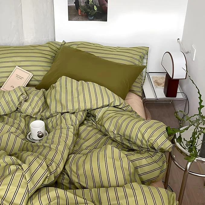 Exclusive mixinni Vintage Stripes Duvet Cover Set King - 3-Piece Mid-Century Cotton Olive amp Taupe Striped Bedding Soft Breathable All-Season Comforter Cover with Zipper Closure amp Corner Ties-King Size Unique