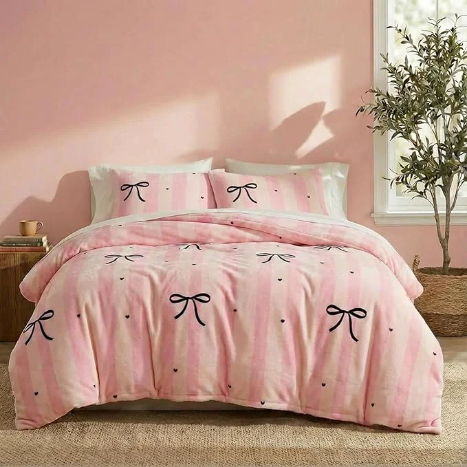 Long-Lasting Bedbay Pink Striped Fleece Comforter Set King Size Girls Bow Comforter Soft Warm Fleece Velvet Bedding Set Pink Stripes Cute Bow Tie Pattern Fluffy Queen Bed Set 3 Pcs for Boys Girls Teen Detailed