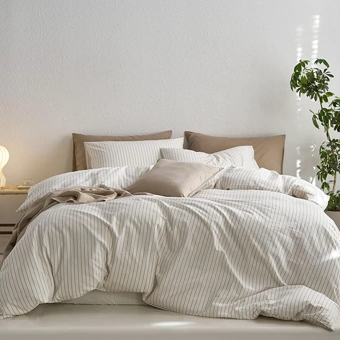 Stylish MooMee Striped Duvet Cover Set Washed Cotton Linen Like Textured Breathable Durable Soft Comfy White Tannish Linen Grey Wide Stripes King 104 quot x90 quot Prestigious