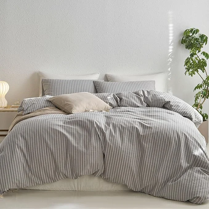 Pure MooMee Striped Duvet Cover Set Washed Cotton Linen Like Textured Breathable Durable Soft Comfy Light Grey White Wide Stripes Oversized King Plus 128 quot x120 quot Superior