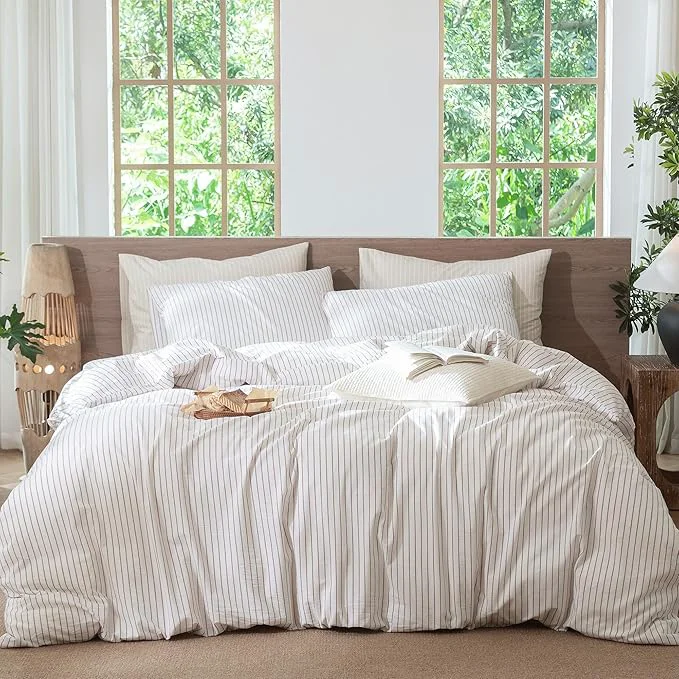 High-Quality MooMee Striped Duvet Cover Set Washed Cotton Linen Like Textured Breathable Durable Soft Comfy White Orange Wide Stripes Super Queen 90 quot x98 quot Modern