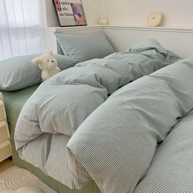 Dependable mixinni Green Striped Duvet Cover Twin Size - Washed Cotton Pinstripe Comforter Cover with Zipper Closure Lightweight amp Breathable 3 Pieces Minimalist Stripes Pattern Printed Bedding Set