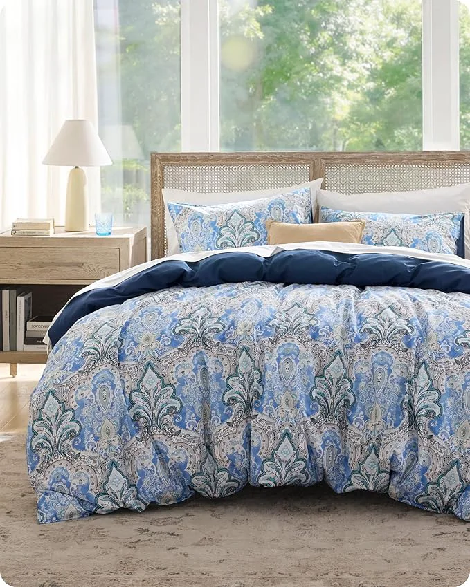 Easy-to-Use Bedsure Duvet Cover Queen Size - Cotton Reversible Classic Paisley Damask Pattern Duvet Cover Set 3 Pieces Soft amp Breathable PureWoven Bedding Set with 2 Pillow Shams Blue Paisley 90 quot x90 quot High-Quality