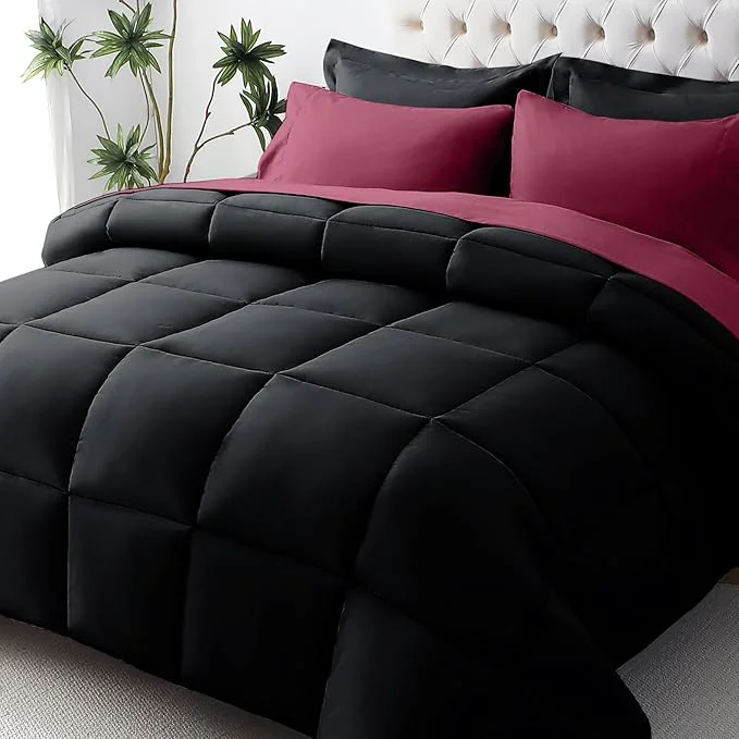 Breathable JOLLYVOGUE California King Comforter Set Ultra-Soft Bed in a Bag Cal King Size 7 Pieces Oeko-TEX Bedding Set with Down Comforter Sheets Pillowcases amp Shams Burgundy amp Black Reliable