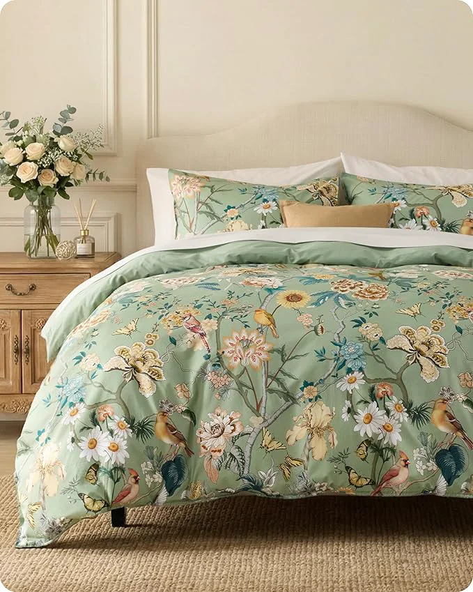 Unique Bedsure Floral Duvet Cover Queen Size - Cotton Reversible Flowers and Birds Pattern Duvet Cover Set 3 Pieces Soft amp Breathable PureWoven Bedding Set with 2 Pillow Shams Green Garden 90 quot x90 quot Minimalist