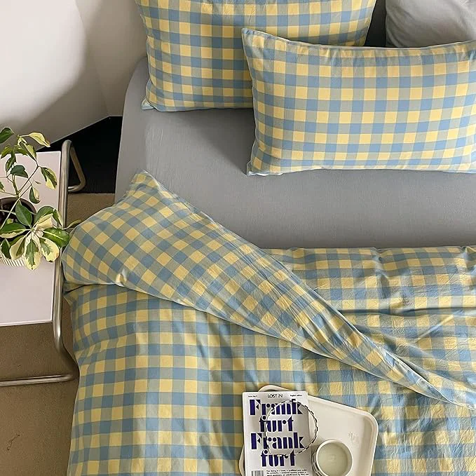 Artisan mixinni Plaid Duvet Cover Set Queen Yellow - Soft Washed Cotton Modern Geometric Bedding Set with 2 Pillowcases Blue Green Gingham Grid Queen Duvet Cover for Men amp Women Soft amp Lightweight Luxury