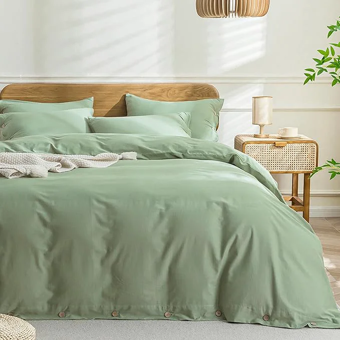 Functional JELLYMONI Cotton Duvet Cover Twin Size - Light Green Comforter Cover with Button Washed Cotton 2PCS Breathable Soft Solid Bedding Set Duvet Cover 68×90in amp 1 Pillowcase NO Comforter Classic
