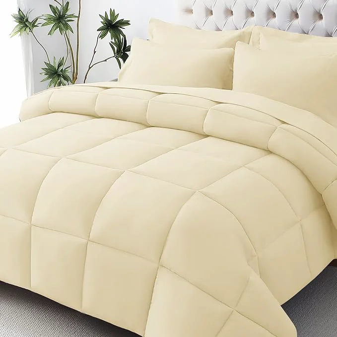 Practical JOLLYVOGUE Full Comforter Set Ultra-Soft Bed in a Bag Full Size 7 Pieces Oeko-TEX Bedding Set with Down Comforter Sheets Pillowcases amp Shams Light Yellow Natural