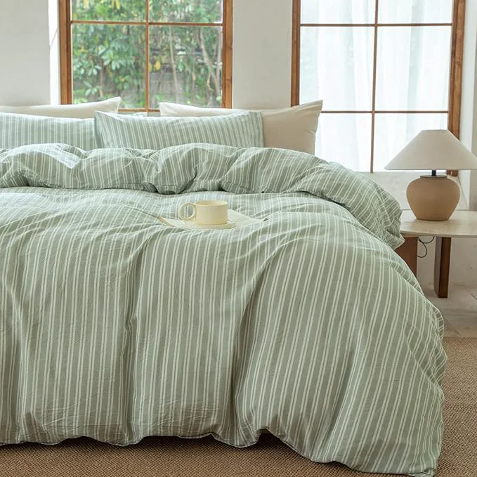 Original Sage Green and White Striped Duvet Cover Washed Cotton Breathable and Linen Like Bedding Set Strip-Sage Green White Queen Advanced