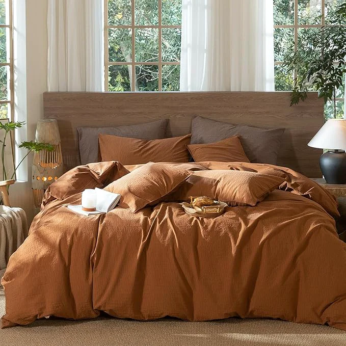 Eco-Friendly MooMee Wavy Striped Duvet Cover Set Washed Cotton Linen Like Textured Breathable Durable Soft Comfy Dark Orange Super King 108 quot x98 quot Clean