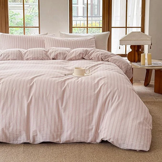 Elite Striped Duvet Cover Set Washed Cotton Linen Like Soft Feelling Breathable Bedding Greyish Pink White Strip Twin Casual
