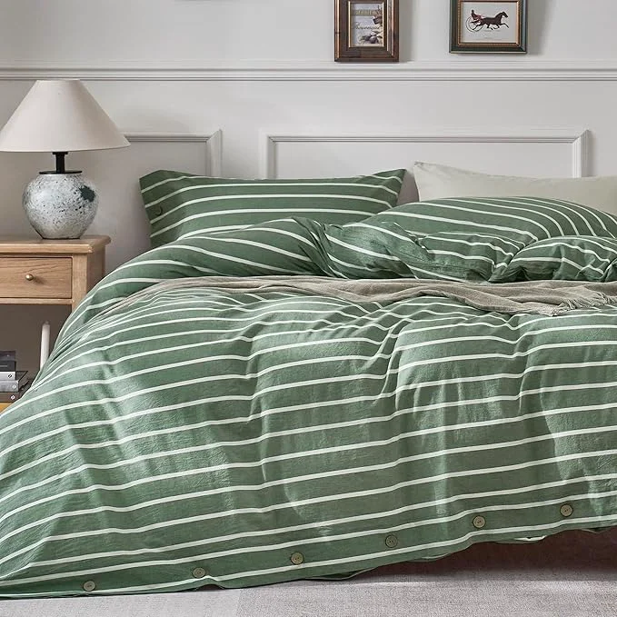Luxury JELLYMONI Cotton Duvet Cover Super Queen Size - Green Striped Comforter Cover with Button Washed Cotton 3PCS Breathable Soft Solid Bedding Set Duvet Cover 98×90in amp 2 Pillowcases Premium Material
