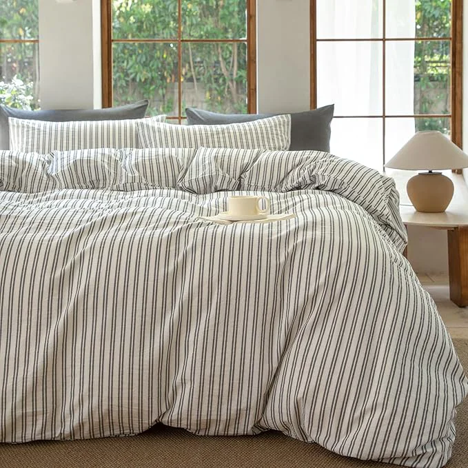 Exclusive Striped Duvet Cover Set Washed Cotton Line Like Breathable Trendy Bedding Set Strip-White Black Twin Recyclable