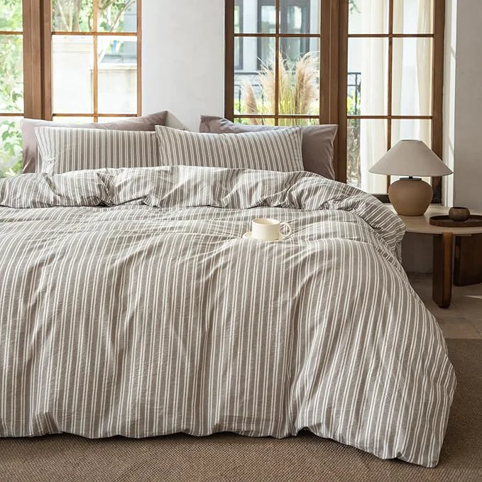 User-Friendly Luxury Washed Cotton Linen Like Duvet Cover Set 3 Pcs Striped Trendy Bedding with Zipper Closure Linen Grey Queen Sophisticated