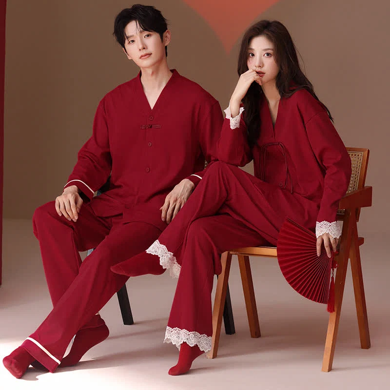 Original Design Ownkoti Vintage V-Neck Cotton Couple Pajama Set Proven