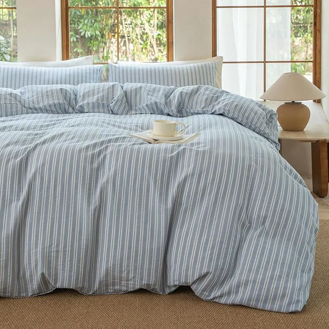 Organic Luxury Washed Cotton Linen Like Duvet Cover Set 3 Pcs Striped Duvet Cover with Zipper Closure Strip-Cornflower Blue White King Responsible