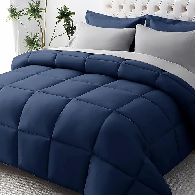 Official JOLLYVOGUE California King Comforter Set Ultra-Soft Cal King Size Comforter Sets 7-Piece Bed in a Bag Goose Down Oeko-TEX Sheets amp Pillowcases Navy Blue amp Light Grey Elite