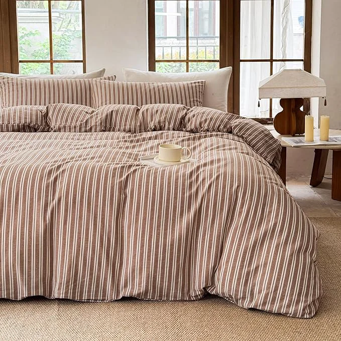 Expertly Made Striped Duvet Cover Set Washed Cotton Linen Like Soft Feelling Breathable Bedding Burnt Orange White Strip Twin Healthy