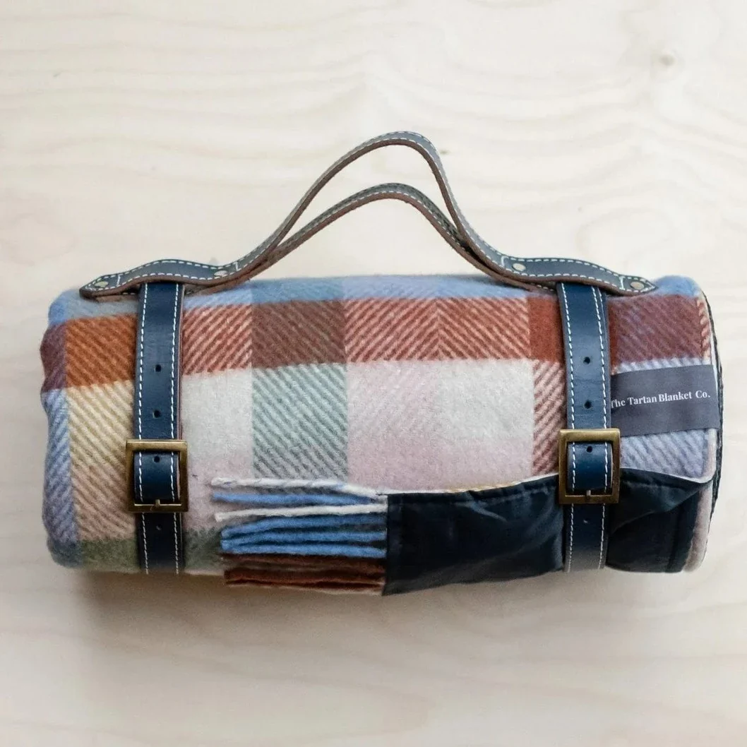 Expertly Made Recycled Wool Waterproof Picnic Blanket in Rainbow Check Optimized