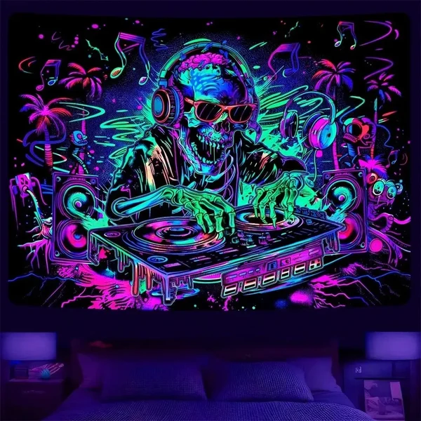 Premium Material Skull Blacklight Neon Wall Tapestry Environmentally Friendly
