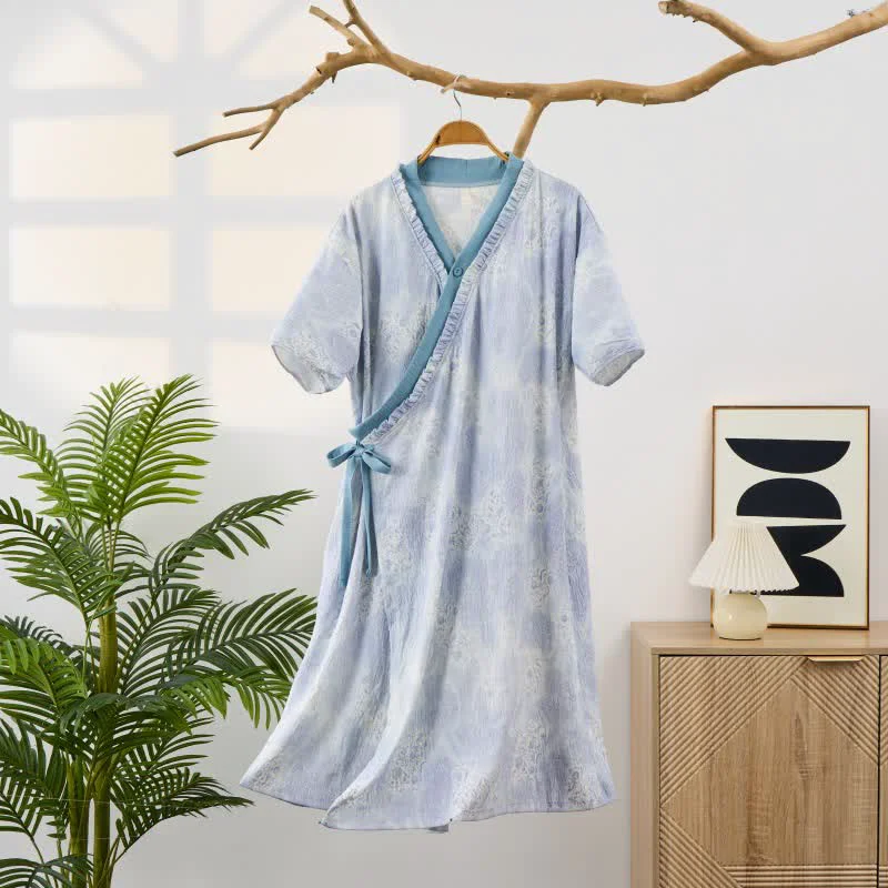 Exclusive Ownkoti Artistic Vintage Ruffled Collar Side-Tie Nightgown Premium Material