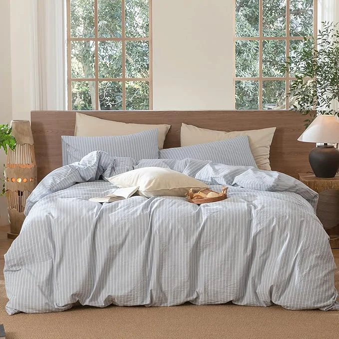 Solid MooMee Striped Duvet Cover Set Washed Cotton Linen Like Textured Breathable Durable Soft Comfy Cornflower Blue White Wide Stripes Super Queen 90 quot x98 quot High-Performance