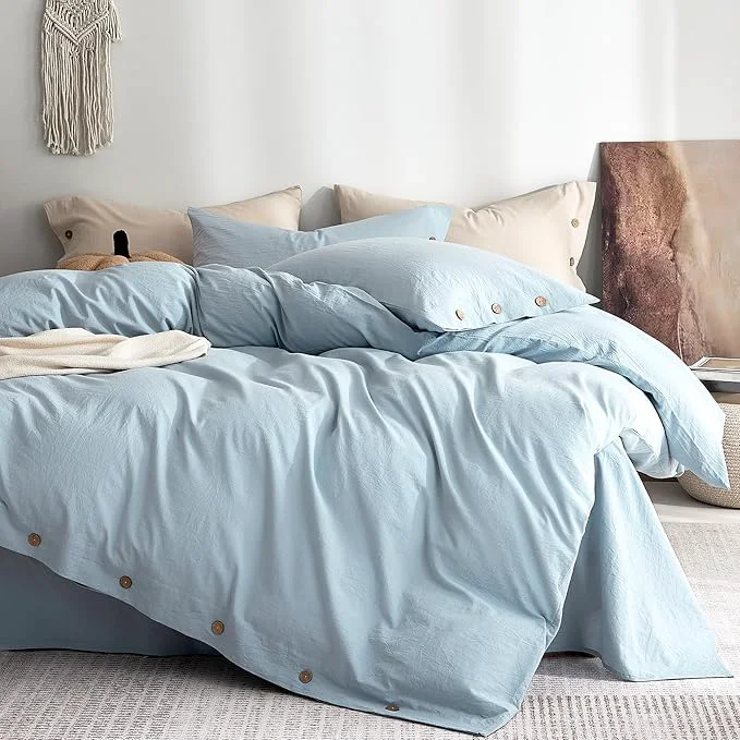 Original JELLYMONI Washed Cotton Duvet Cover Twin – Soft Breathable Linen-Look Bedding with Natural Wrinkle Texture Button Closure 2-Piece Set Mist Blue 68 quot x90 quot Consistent