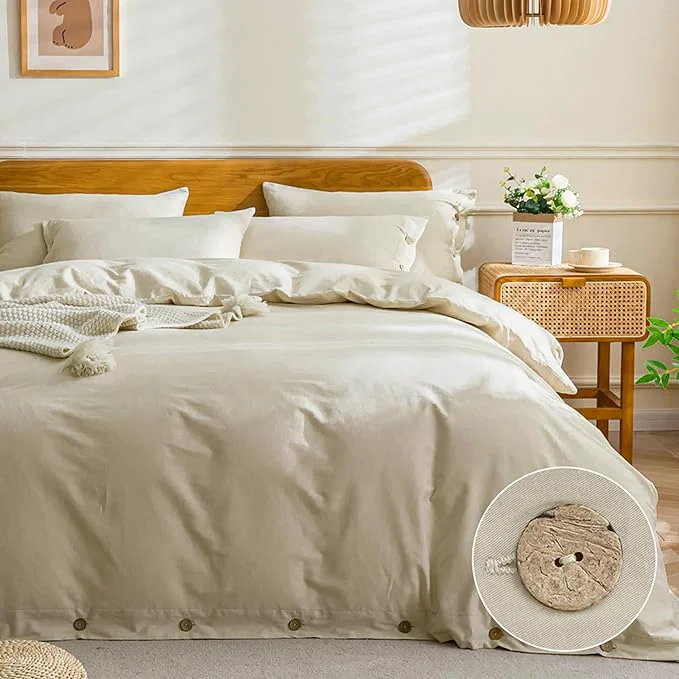 Enhanced JELLYMONI Cotton Duvet Cover Full Size - Light Khaki Comforter Cover with Button Washed Cotton 3PCS Breathable Soft Solid Bedding Set Duvet Cover 80×90in amp 2 Pillowcases NO Comforter Reusable