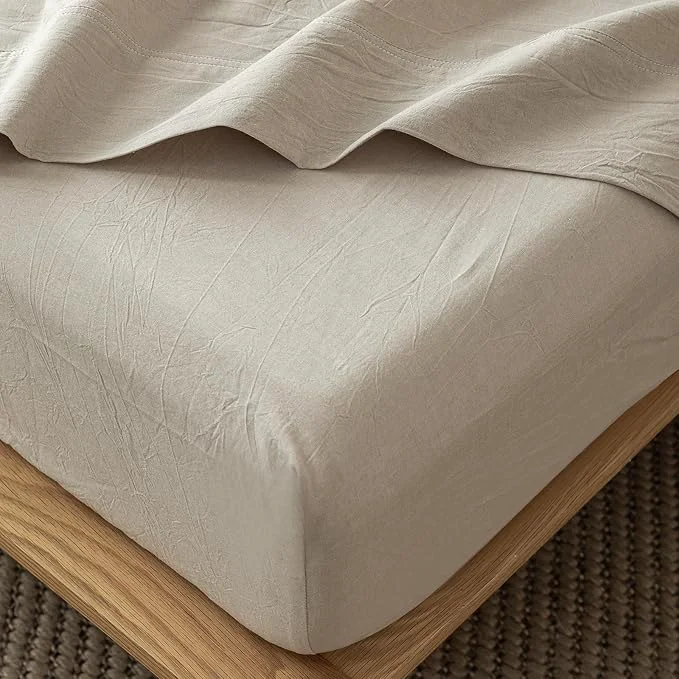 Powerful MooMee Fitted Bottom Sheet Only Washed Cotton Linen Like Textured Breathable Durable Soft Comfy Deep Pocket Fits Mattress up to 17 quot Tannish Linen Grey King Premium