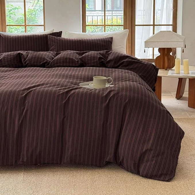 Stylish Striped Duvet Cover Set Washed Cotton Linen Like Soft Feelling Breathable Bedding Pine Bark Brown Black Strip Twin Top-Quality