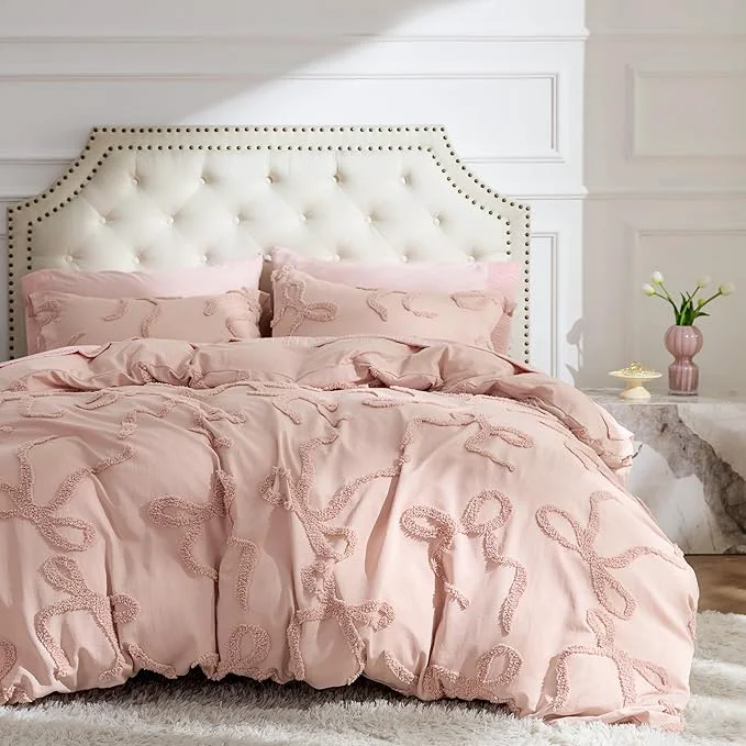 High-Grade Bedsure Boho Duvet Cover King Size - Rose Pink Tufted Boho Bedding Farmhouse Shabby Chic Embroidery Bedding for All Seasons 3 Pieces 1 Soft Jacquard King Comforter Cover and 2 Pillow Shams Professional