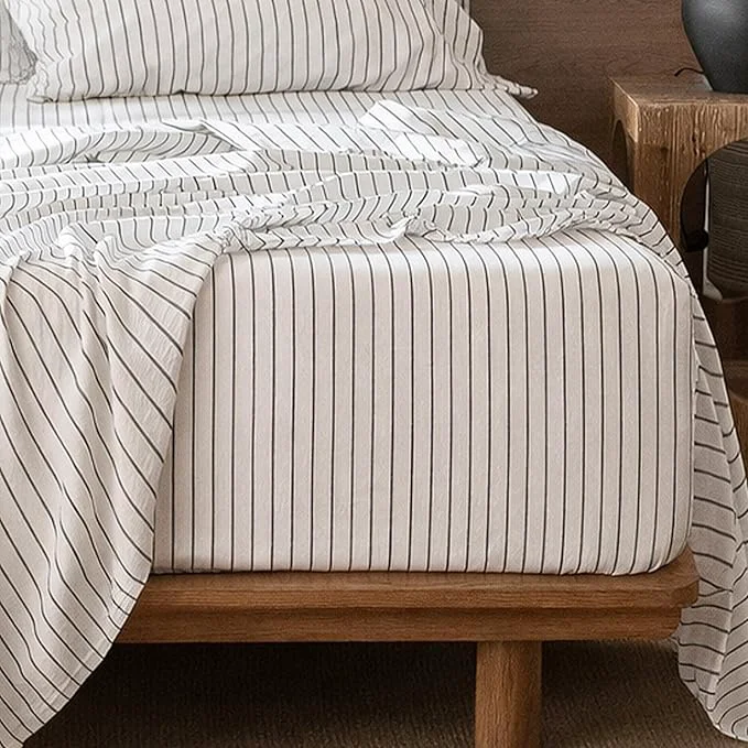 Modern MooMee Fitted Bottom Sheet Only Washed Cotton Linen Like Textured Breathable Durable Soft Comfy Deep Pocket Fits Mattress up to 17 quot White Dark Grey Wide Stripes King Healthy