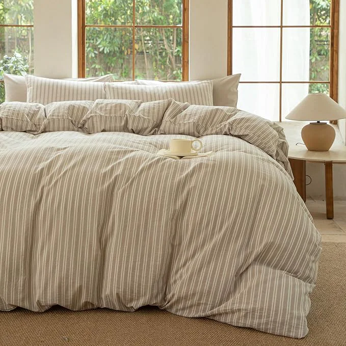 Specialty Striped Duvet Cover Set Washed Cotton Linen Like Soft Feelling Breathable Bedding Strip-Beige White Full Casual