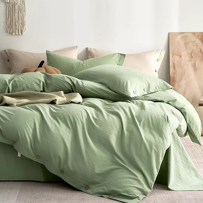 Environmentally Friendly JELLYMONI Washed Cotton Duvet Cover Queen – Soft Breathable Linen-Look Bedding with Natural Wrinkle Texture Button Closure 3-Piece Set Mint Green 90 quot x90 quot Relaxed