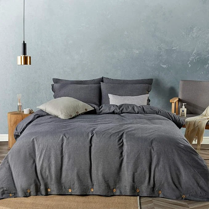 Genuine JELLYMONI Cotton Duvet Cover King Size - Black Comforter Cover with Button Washed Cotton 3PCS Breathable Soft Solid Bedding Set Duvet Cover 104×90in amp 2 Pillowcases NO Comforter User-Friendly