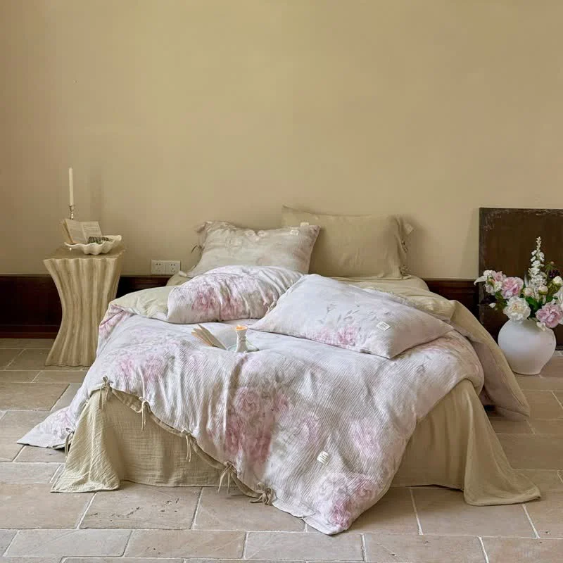 Casual Ownkoti Elegant Peony Cotton Tie-Closure Bedding Set 4PCS Contemporary