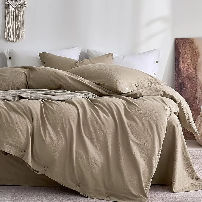 High-Quality JELLYMONI Washed Cotton Duvet Cover King – Soft Breathable Linen-Look Bedding with Natural Wrinkle Texture Button Closure 3-Piece Set Dusty Khaki 104 quot x90 quot Healthy