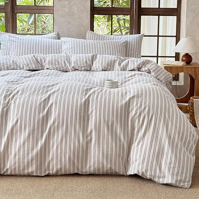 Detailed Striped Duvet Cover Set Washed Cotton Linen Like Soft Feelling Breathable Bedding Light Yellow White Strip Queen Natural