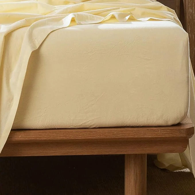 Outstanding MooMee Fitted Bottom Sheet Only Washed Cotton Linen Like Textured Breathable Durable Soft Comfy Deep Pocket Fits Mattress up to 17 quot Heathered Butter Yellow Full Excellent