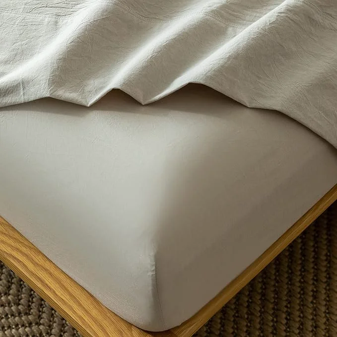 Innovative MooMee Fitted Bottom Sheet Only Washed Cotton Linen Like Textured Breathable Durable Soft Comfy Deep Pocket Fits Mattress up to 17 quot Cream Grey California King Trusted