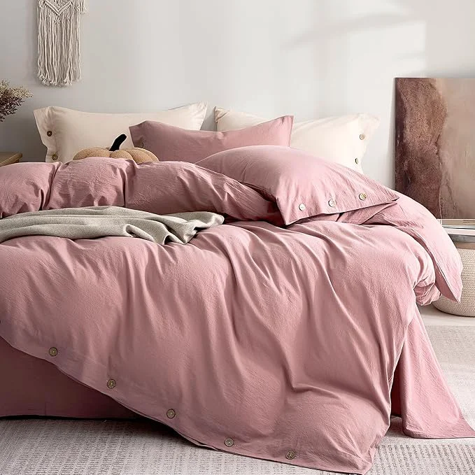 Fine Crafted JELLYMONI Washed Cotton Duvet Cover Full – Soft Breathable Linen-Look Bedding with Natural Wrinkle Texture Button Closure 3-Piece Set Darker Rose 80 quot x90 quot Modern