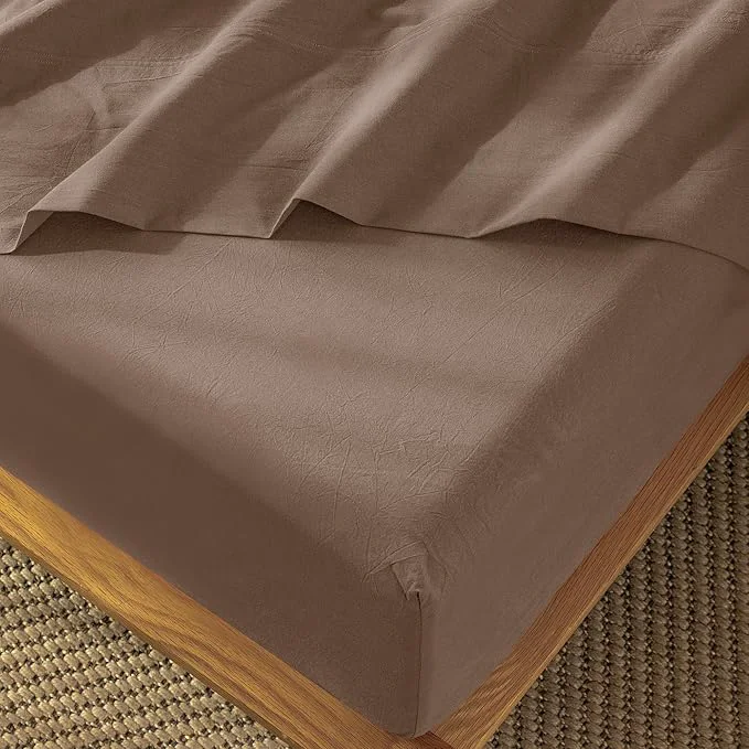 Quality MooMee Fitted Bottom Sheet Only Washed Cotton Linen Like Textured Breathable Durable Soft Comfy Deep Pocket Fits Mattress up to 17 quot Brown Queen Carefully Designed