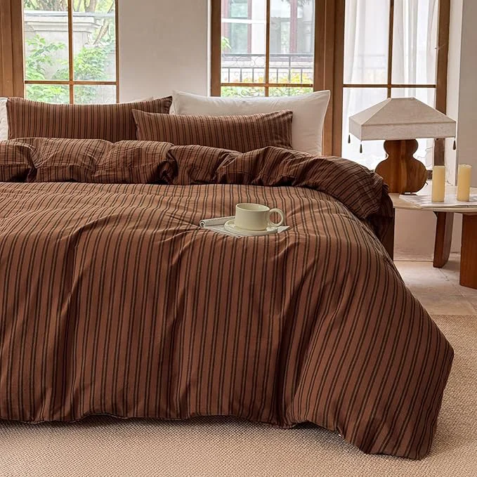 Modern Striped Duvet Cover Set Washed Cotton Linen Like Soft Feelling Breathable Bedding Burnt Orange Black Strip Full Exclusive