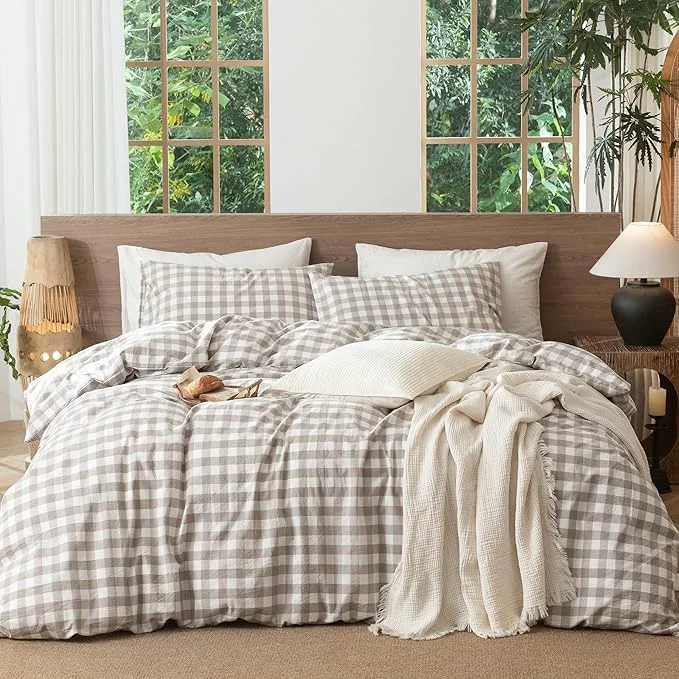 Effective MooMee Gingham Duvet Cover Set Washed Cotton Linen Like Textured Breathable Durable Soft Comfy Modern Checkered Design Buffalo Plaid Tannish Linen Grey Oversized Full 82 quot x86 quot Official