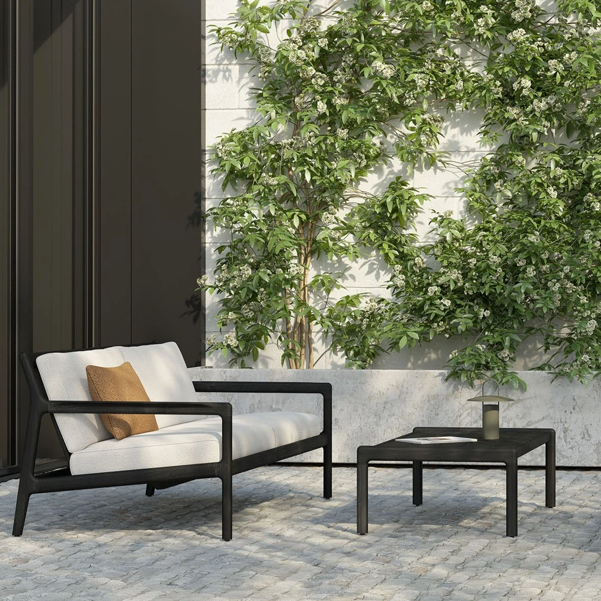 High-Grade Jack Solid Black Teak Outdoor 2 Seater Sofa Off White Fabric Professional
