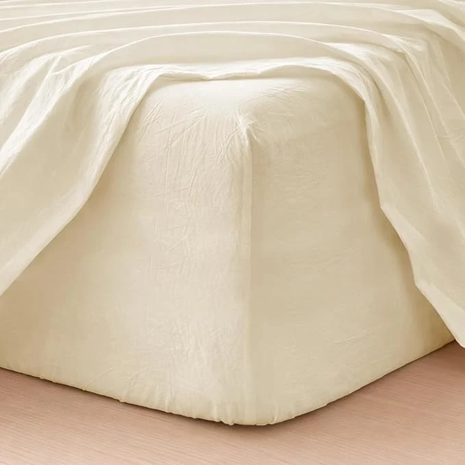 Carefully Designed MooMee Fitted Bottom Sheet Only Washed Cotton Linen Like Textured Breathable Durable Soft Comfy Deep Pocket Fits Mattress up to 17 quot Cream White Twin Elegant