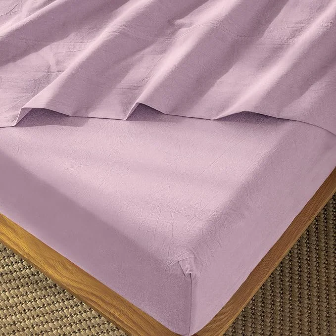 Outstanding MooMee Fitted Bottom Sheet Only Washed Cotton Linen Like Textured Breathable Durable Soft Comfy Deep Pocket Fits Mattress up to 17 quot Light Purple King Efficient