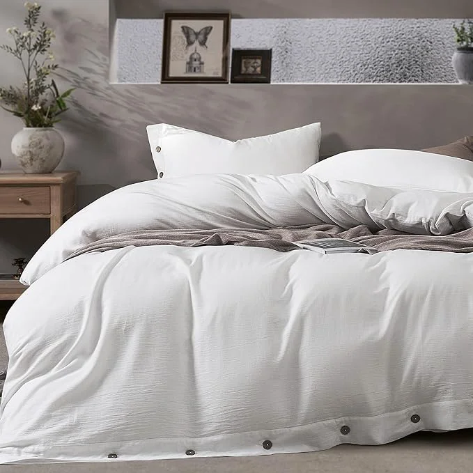 Modern JELLYMONI Washed Cotton Duvet Cover - Off White Cal King Size 104x98 Inches 3-Piece Bedding Set with Button Closure Includes 1 Duvet Cover amp 2 Pillowcases Comforter Not Included Environmentally Friendly