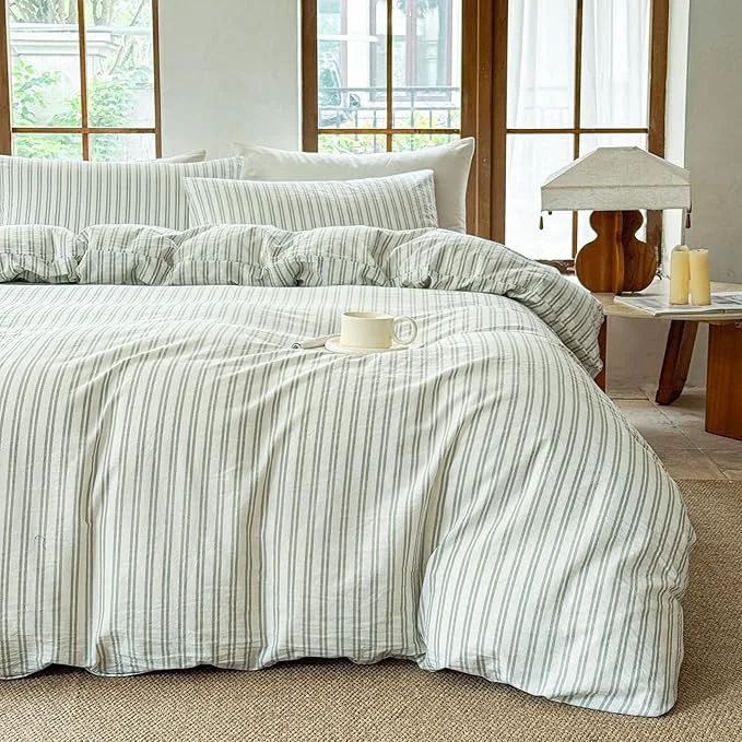 Recyclable Striped Duvet Cover Set Washed Cotton Linen Like Soft Feelling Breathable Bedding White Sage Green Strip Twin Luxury