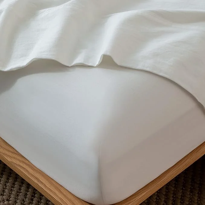 Safe MooMee Fitted Bottom Sheet Only Washed Cotton Linen Like Textured Breathable Durable Soft Comfy Deep Pocket Fits Mattress up to 17 quot Off White California King Casual